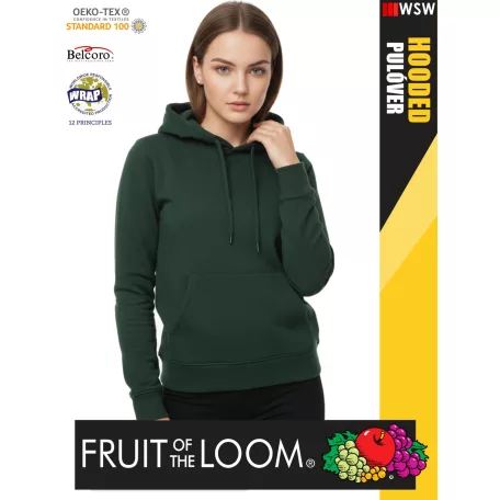  Fruit of the Loom HOODED BOTTLEGREEN pamutgazdag női kapucnis pulóver - 260g/m2