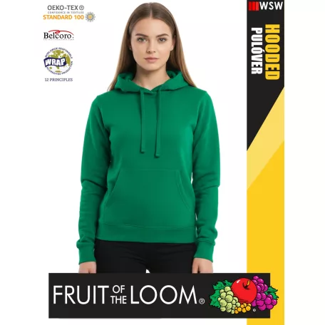  Fruit of the Loom HOODED KELLYGREEN pamutgazdag női kapucnis pulóver - 260g/m2