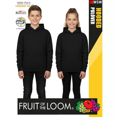 Fruit of the Loom HOODED BLACK pamutgazdag gyerek unisex kapucnis pulóver - 260g/m2