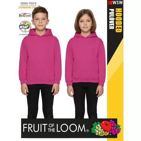 Fruit of the Loom HOODED FUCHSIA pamutgazdag gyerek unisex kapucnis pulóver - 260g/m2