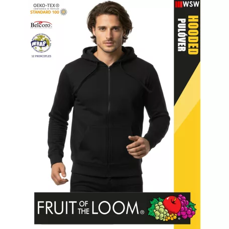 Fruit of the Loom HOODED BLACK pamutgazdag férfi cipzáros kapucnis pulóver - 260g/m2