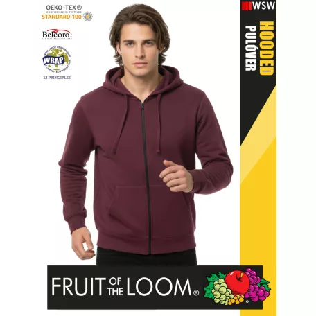 Fruit of the Loom HOODED BURGUNDY pamutgazdag férfi cipzáros kapucnis pulóver - 260g/m2