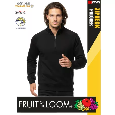 Fruit of the Loom ZIPNECK BLACK pamutgazdag férfi pulóver - 280g/m2