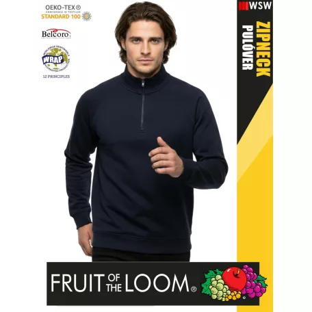 Fruit of the Loom ZIPNECK DEEPNAVY pamutgazdag férfi pulóver - 280g/m2