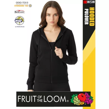 Fruit of the Loom HOODED BLACK pamutgazdag cipzáros kapucnis női pulóver - 280g/m2
