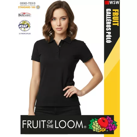 Fruit of the Loom PREMIUM BLACK piqué 100% pamut női galléros póló - 180g/m2