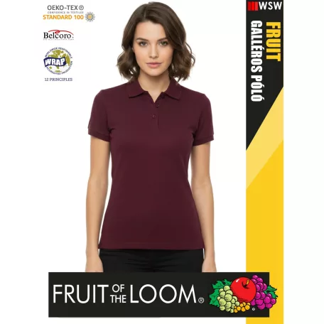 Fruit of the Loom PREMIUM BURGUNDY piqué 100% pamut női galléros póló - 180g/m2