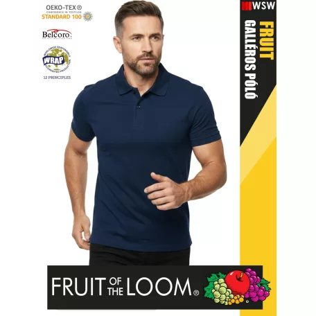Fruit of the Loom PREMIUM NAVY piqué 100% pamut férfi galléros póló - 180g/m2