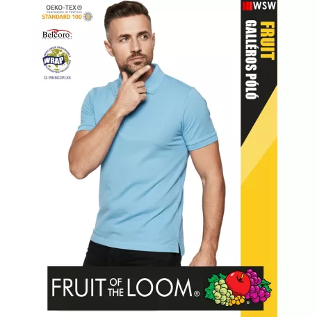 Fruit of the Loom PREMIUM SKYBLUE piqué 100% pamut férfi galléros póló - 180g/m2