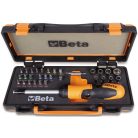 Betéttartó átnyomós racsnival és csavarhúzónyéllel, 27 csavarhúzóbetét, 8 hatlapú dugókulcs és 2 tar