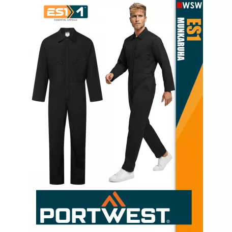 Portwest ES1 BLACK technikai kevertszálas sokzsebs overál kezes-lábas - munkaruha