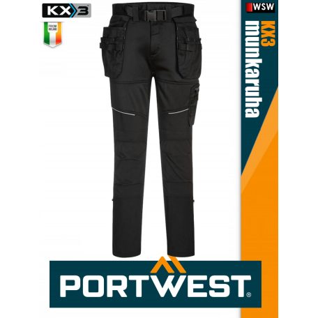 Portwest KX3 BLACK prémium technikai lengőzsebes slimfit stretch munkanadrág - munkaruha