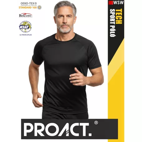 Proact TECH BLACK lélegző férfi környakas technikai sportpóló - ruha